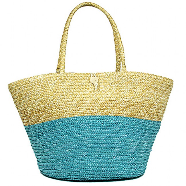 Straw Tote: Woven Wheat Straw Tote - 2 Tones - Turquoise - BG-R11053TQ